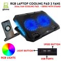 Laptop Cooling Pad Dual Fan With RGB Lights - Cooling Stand 1 / 2 / 4 / 6 Fan With Mobile Stand & Adjustable Speed & Light Button With 7 Gear To Adjust Height - For Upto 20" Laptops - USB Powered Connection. 