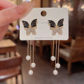 Black Butterfly Korean Temperament Aura Women's Long Tassel Drop Earrings Female Versatile Pearl Earrings for Girls. 