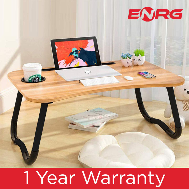 Energy - ENRG Wooden Gaming Laptop Table With Fan For Bed Foldable Stand Ergonomic Portable Drawing Notebook Reading Food Breakfast Serving With Inbuild Tablet And Cup Holder Slots Couch Black Brown Pink Yellow Green White Blue