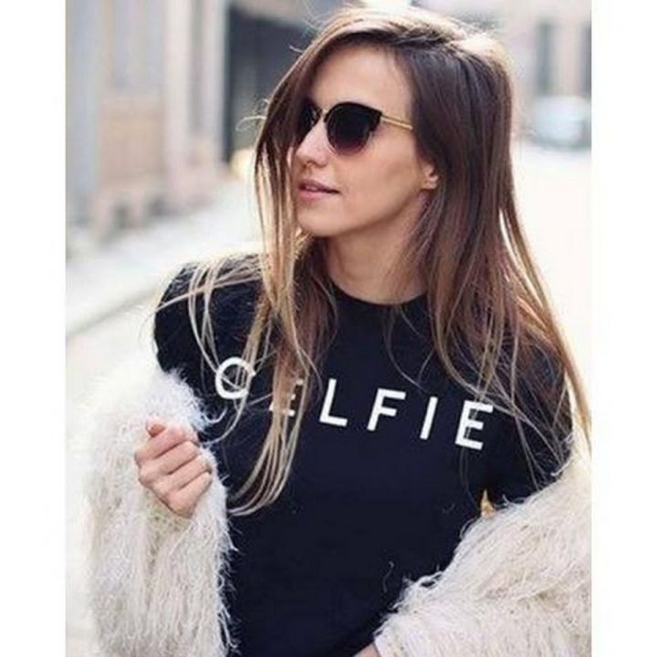 T Shirt in Black color CELFIE print tee shirt round neck half sleeves shirt for women n girls