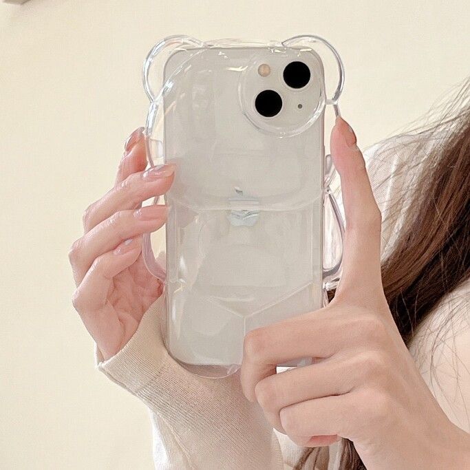 Cute 3D Clear Bear Phone Cases For iPhone 13 12 11 14 15 16 Pro Max XS Max XR X XS 14 16 Plus Case Candy Color Cartoon Transparent Camera Protection Cover