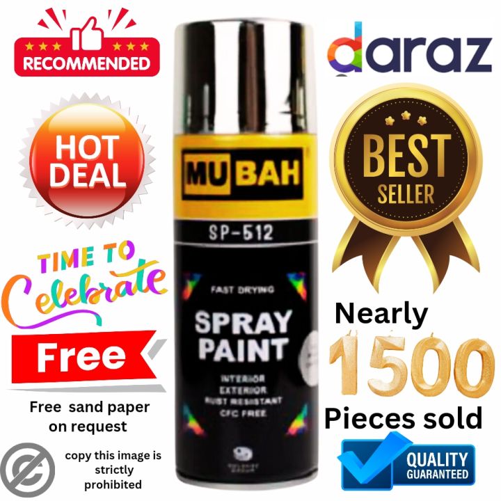 spray paint  , (one Bottle) Golden, Black, White, Red, Brown, yellow ,matt black, Blue, Pink, Voilet, orange, green, cream white, naval Grey, silver, Chrome، Lacquer, Beige . (mubah, colorexe, lotus, Win Plus , feather, GoldenMax، artiza،  etc