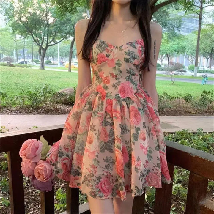 Sleeveless Dress Women Floral A-line Elegant French Style Summer Dresses