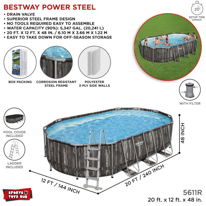 20 Feet Length Bestway Steel Frame Oval Pool 5611R, 12 Ft Width x 48 Inch Full Depth Large For Children & Adults, Easy To Setup & Drain Full Size Pool, Big & Deep Family Swimming Pools, Summer & Water Fun, With Filter Pump, Cartridge, Ladder