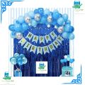 Happy Birthday Blue Banner Decoration Set(Blue, Light Blue & Silver)-Including Blue Happy Birthday Banner Card's, 30 Latex Balloons, Black Silver Curtain. 