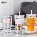 450ml Glass Milk Cup Cartoon Juice Cup Breakfast Coffee Mug With Straw. 