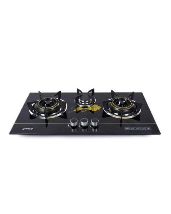 HANCO Hob Model 404 - 3 Burners Tempered Glass Black  With Golden Flower)