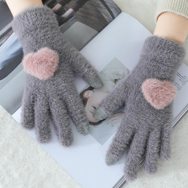 1Pair Women Girls Lovely Fluffy plush Gloves Full Finger Winter Gloves Mittens Cute Love Heart Thick Warm Female Gloves Guantes