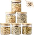 6pcs set Glass Jar with Wooden Lid Glass Jars Set,Upgrade Spice Jars with Wood Airtight Lids and Labels, 6 Piece Small Food Storage Containers for Home Kitchen, Tea, Herbs, Sugar, Salt, Coffee, Flour, Herbs, Grains… - 450 ml. 