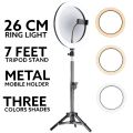 26cm RingLight With 7 Feet Stand And Phone Holder with Wired Remote Adjustable, Dimmable & 3 Colour Light Shades, 26cm Led Ring Light With 7ft Tripod Stand with USB plug for Photography, Videography, Selfie, Makeup, TikTok Ring Light.. 
