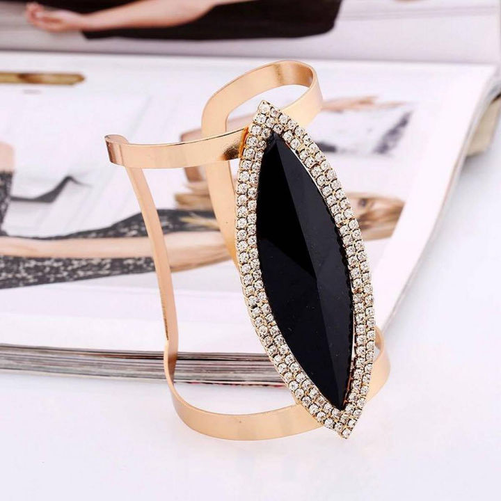 Bachat Express Metal Bangles Women Adjustable Black Stone Golden Gold Color Zircon Trendy Resin Mosaic Crystal Bracelet Smooth Wide Opening Adjustable Bangle