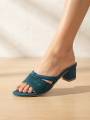 Fashionable Teal Blue Rhinestone Strap Block Heel Sandals – Fancy Party & Casual Mules for Women's. 