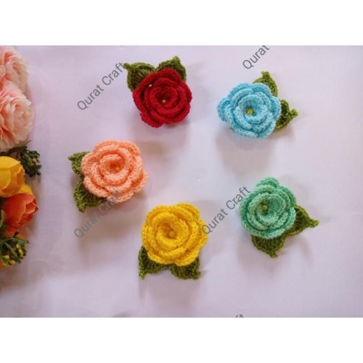 Crochet Rose Flower, Leaves, Multicolored, Valentine's day Gift, Hair Accessories, Clothing, Handmade, Décor, 5/10/20 pcs, Crochet Flower Applique.