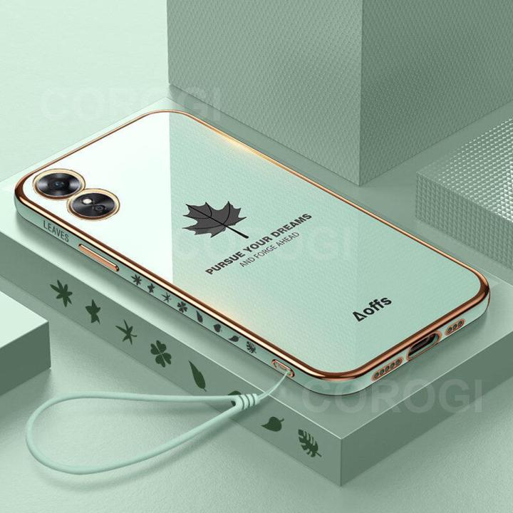 LECOMES for OPPO A17 Back Cover with Free Lanyard Luxury 6D Plating Square Stylish Maple Leaf Design Girls Phone Case Soft Silicone Mobile Cases for Boys
