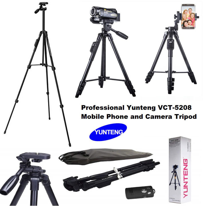 Selfie Video YUNTENG VCT 5208 RM Aluminum Tripod with 3-Way Head & Bluetooth Remote for Camera Phone Holder Clip