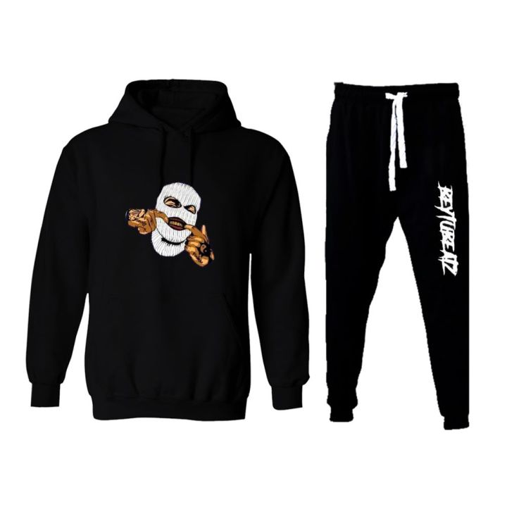Mask Hoodie And Trouser Black Tracksuit Fleece Drawstring Hood Winter Quality Hoodies For Men