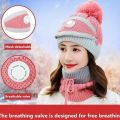 3 in 1 Winter Knitted Beanie Hat Face Neck Warmer Set for Women Girls Fleece Lining Ski Caps with Pompom. 