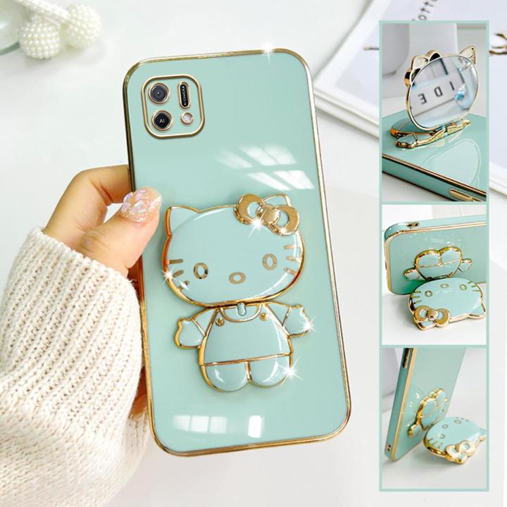 TA for OPPO A16E A16K Back Cover Hello Kitty Mirror Folding Bracket Luxury 6D Plating Case Soft Silicone Square Phone Case for Girls