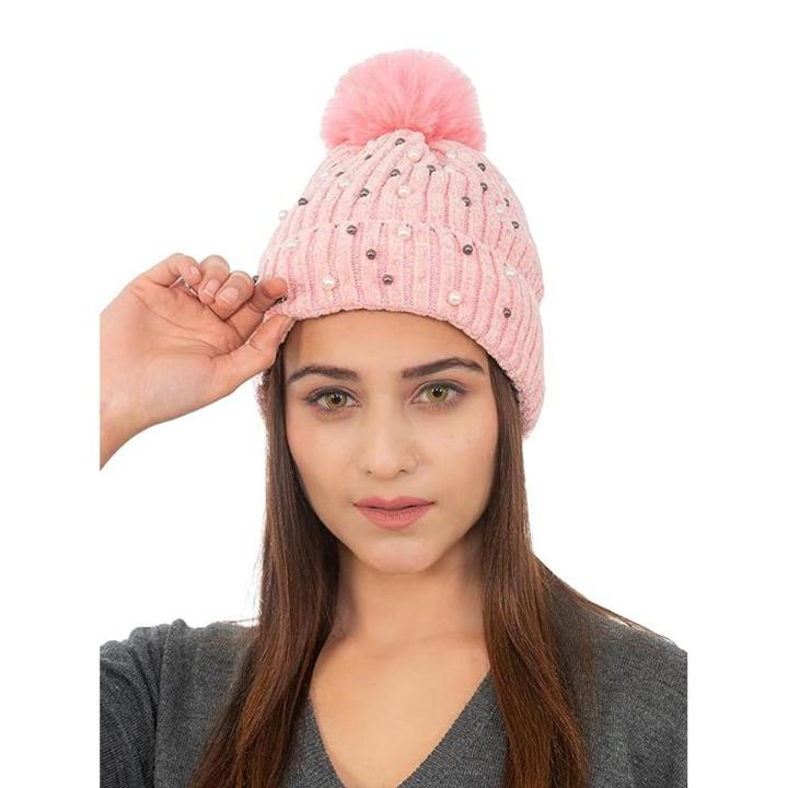 AMOLDO Wool Beanies Women Poms Fashion Pearl Knitted Hat