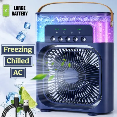 4in1 Rechargeable Mist Fan Air Conditioner Big Size | 4-in-1 Mini AC Fan for Room Air Cooler with Ice & Humidifier | USB Electric Fan with Ice Water Mist | LED Lights | Adjustable Wind Speed | Small Desktop Cooling Fan for Room, Office & Home |