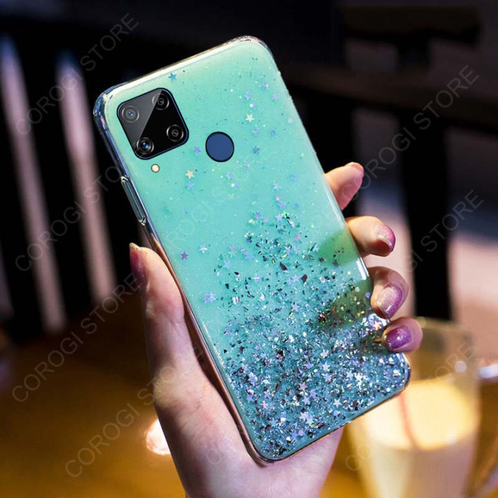 For Realme C15 Cover Fashion Shiny Glitter Starry Space Girls Slim Phone Case Clear Pink Soft TPU Silicone Bumper Shockproof Protective Back Cover