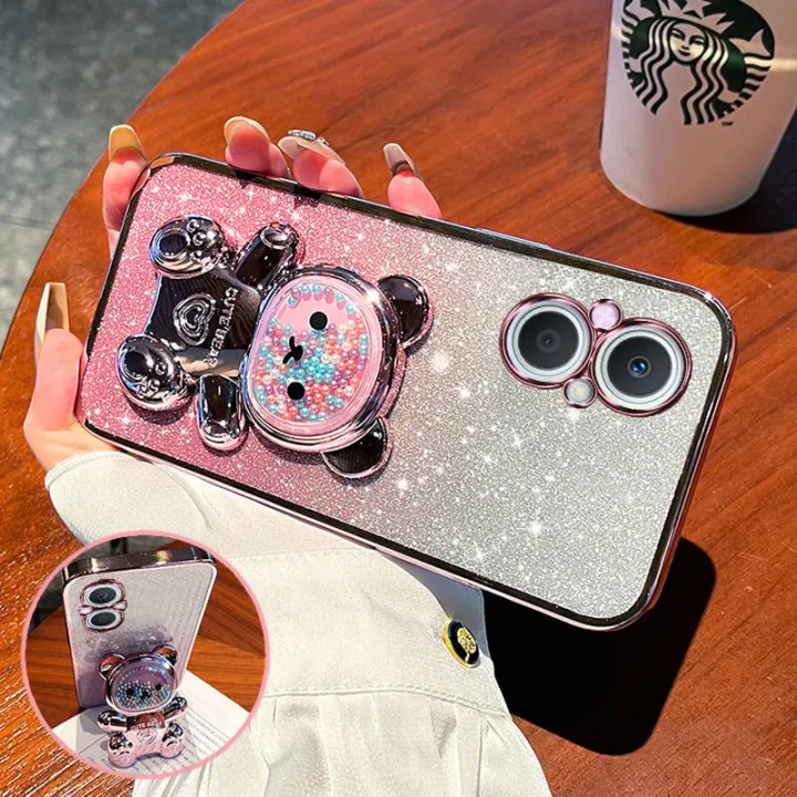 For OPPO F21 Pro 5G / F21 Pro 4G Back Cover with 3D Bear Hidden Stand Bracket Luxury 6D Gradient Shiny Plating Glitter Women Phone Case Clear Soft Silicone Protective Cases Pouch Girls