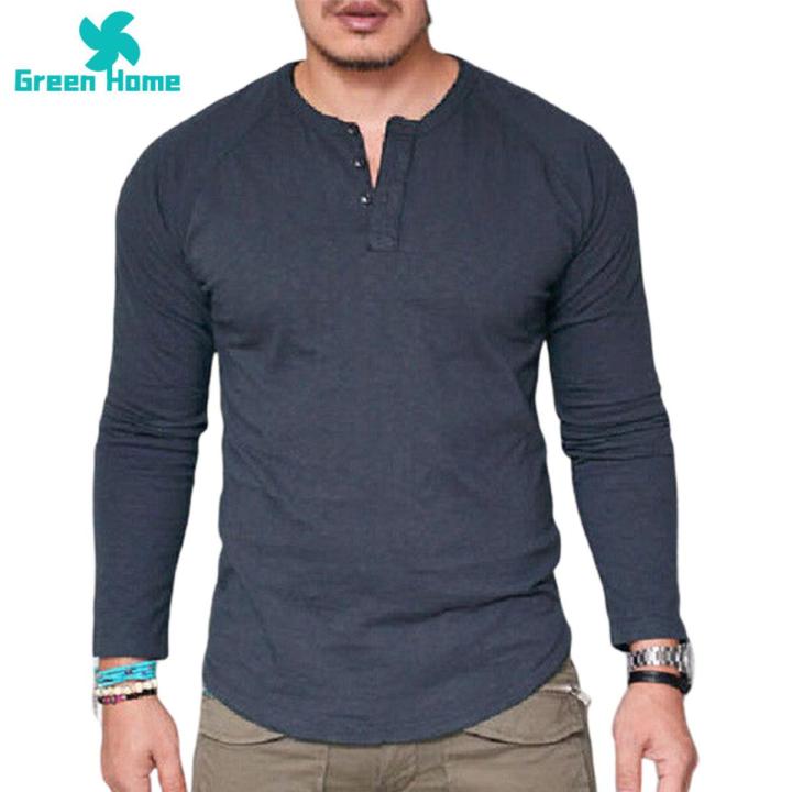 Green Home Men T-shirt Buttons Men Cotton T-shirt