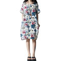 OIMG Vintage Women Loose Cotton Dress Ethnic Floral Print Pockets Short Sleeve Casual Midi Long Dress White. 