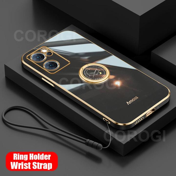 For Realme 9i Back Cover with Ring Holder Stand + Wrist Strap Shiny Plating Square Bumper Protective Case Soft Silicone Shockproof Mobile Phone Cases