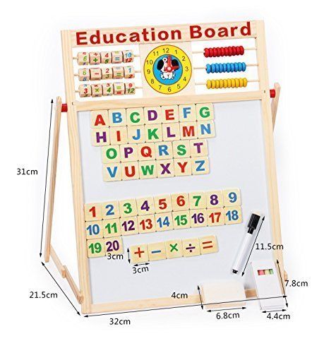 Educational Learning Multipurpose Double-Sided Magnetic Wooden Writing, Drawing Board (Whiteboard + Blackboard) with Abacus, Mathematical Calculations & English Alphabets