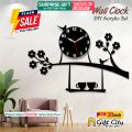 Gift City Presents Bird on Tree with Coffee Cup Acrylic Wall Clock for Home and Offices, 3D Design Self Adhesive. 