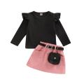Baby Girl Clothes Set, Solid Color Long Sleeve Crew Neck Ruffle Tops + Elastic Waist A-Line Skirt + Pendant Bag. 