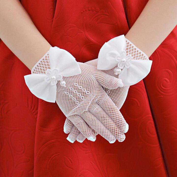 Elegant Mesh Bow Wedding Flower Girls Gloves Birthday Ceremony Party Lace Pearl Child Girl Princess Gloves