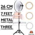 26CM Ring Light with Mobile Holder and 7ft Tripod Stand RingLight with 7 Feet Stand Three Colours Makeup LED RingLight with Tripod Stand Dimmable Selfie RingLight with USB for Videography and Photography. 