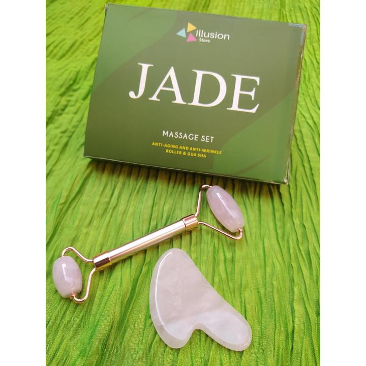 Metal Handle Rose Quartz Pink Jade Roller  with Gua Sha Stone Scraper Set Skin Massage Beauty Care Guasha Anti-Aging Tight Skin