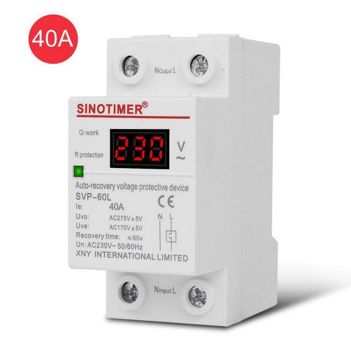 sinotimer SVP-60L 230V 40A Automatic Recovery Under Voltage Over Voltage Protector Relay Breaker Protective Device LED Display