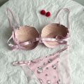 High Quality Front Open 4 In 1 Push-up Hello Kitty Print Adjustable Straps Bra Panty Set 016. 