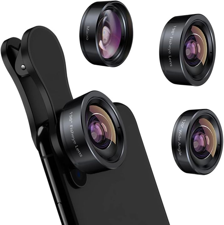 Phone Camera Lens 3 in 1 Phone Lens Kit, 198 Fisheye Lens Super Wide-Angle Lens + 20x Macro Lens for iPhone Samsung Android Smartphone