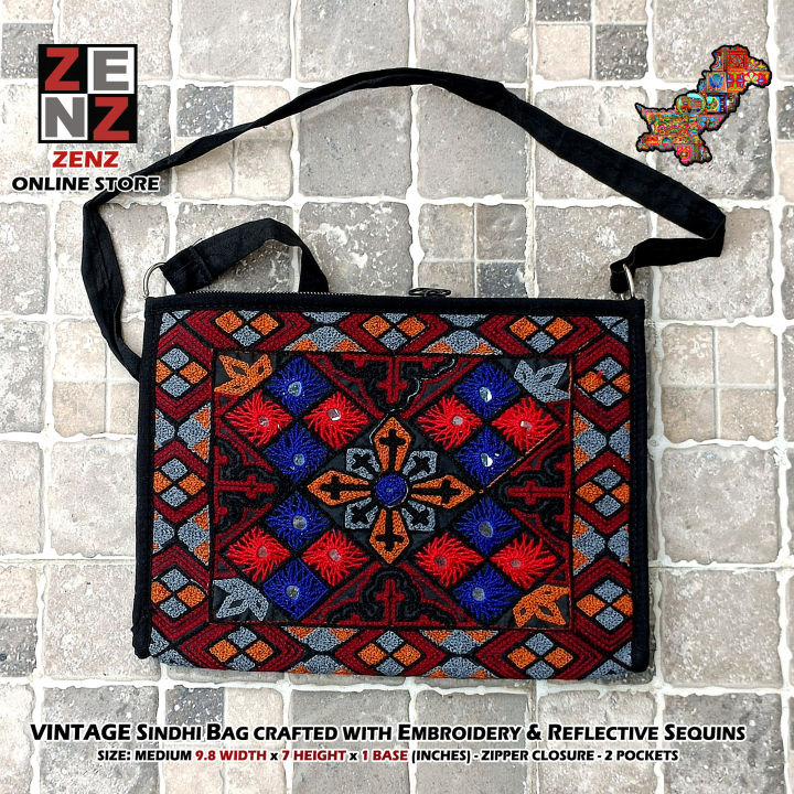 ZENZ Pakistani Traditional  Sindhi Embroidery Hand Made Bag Purse Clutch Size 12x8 and 9x7 inches Embroidered Sequins Work for Girls Women Handicraft Vintage Hippie