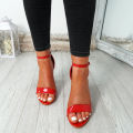 Women Fashion Block Heels Sandal Red. 
