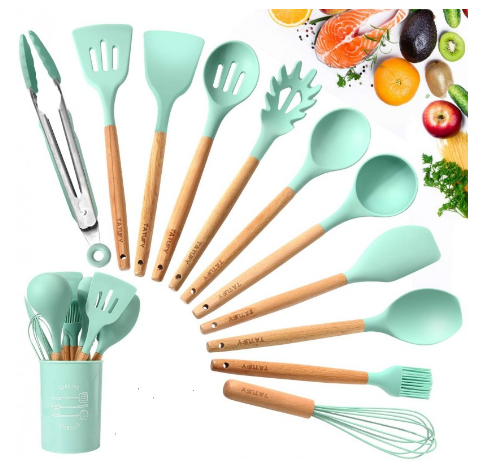 Kitchen%20Utensil%20Set%2010%20PCS%20Cooking%20Utensils%20With%20Plastic%20Utensil%20Holder,%20Non-stick%20Silicone%20and%20Heat%20Resistant%20Wooden%20Utensils%20-%20Image%202