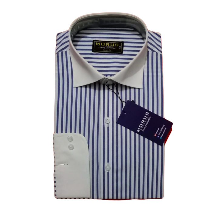 Morus Blue and White Stripe Mens Formal Shirt Dress Shirts For Men online Branded Shirt Daraz.pk