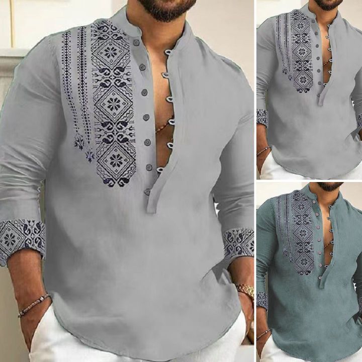 Men Long Sleeve Shirt Stylish Ethnic Print Men's Casual T-shirt Slim Fit Long Sleeve Stand Collar Trendy Spring/fall Shirt for Southeast Asian Fashion Enthusiasts Men Shirt