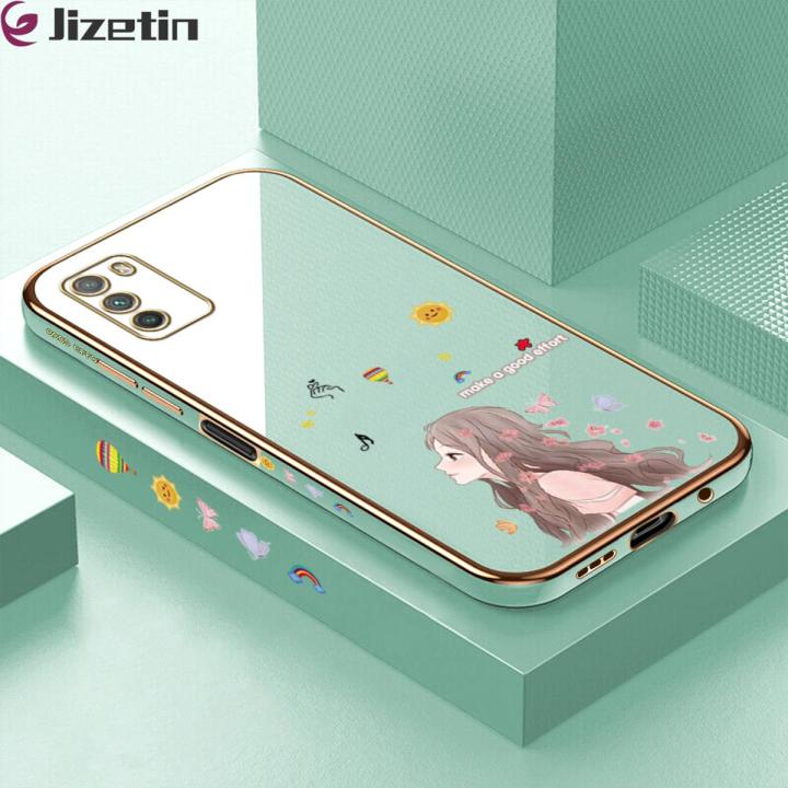 Jizetin (Free Lanyard) for Xiaomi Poco M3 Back Cover Butterfly Girl Luxury 6D Plating Case Side Pattern Soft Silicone Square Phone Cases