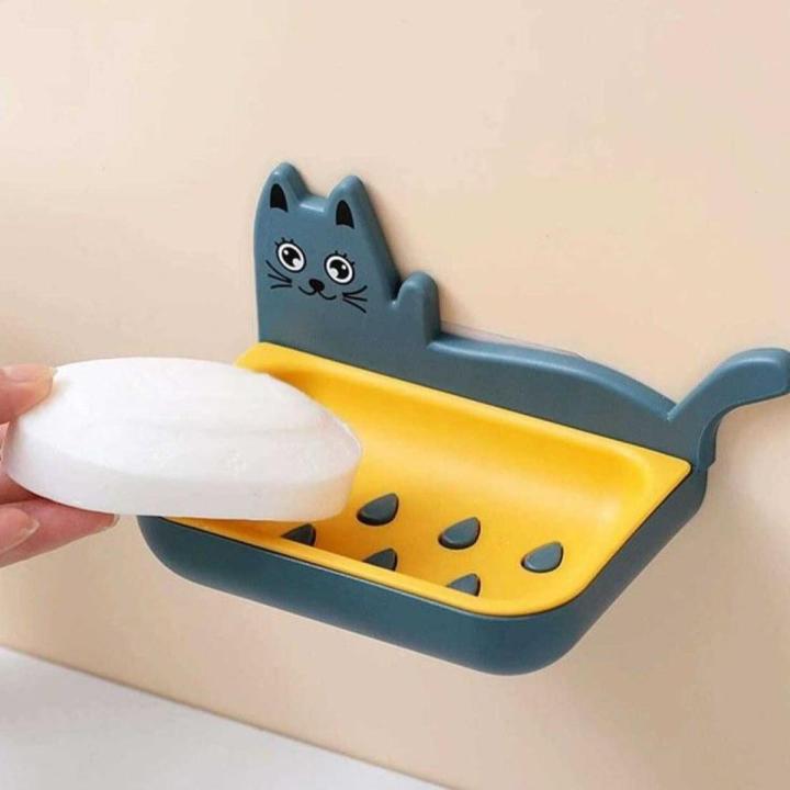 Cat Shape Soap Box Bathroom Drain Soap Holder Rack SelfAdhesive Wall