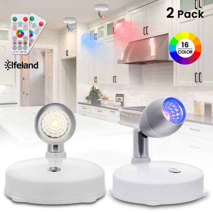 Elfeland LED Spot Lights for Ceiling, Wireless Ceiling Light Batteries Powered Under Cupboard Kitchen Lights Dimmable Wardrobe Light Rotatable Cabinet Lights with Remote Control Ideal for Indoor 2 Pack