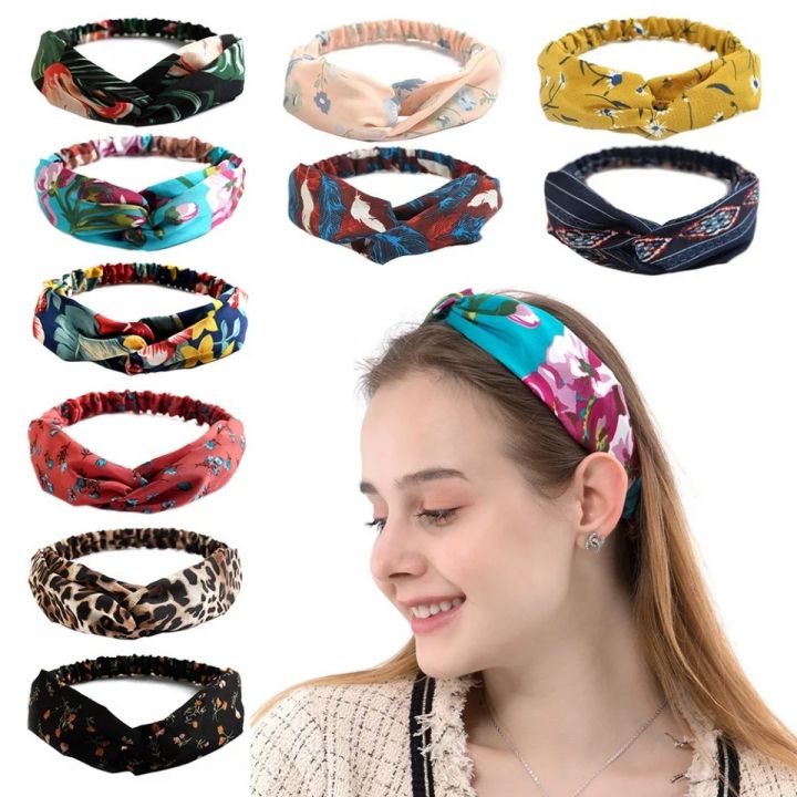 Pack of 2 Women Autumn Polyester Cotton Headband Vintage Cross Knot Elastic Hair Bands Soft Print Plaid Girls Hairband Hair Accessories