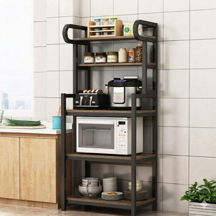 5 Tier Kitchen Storage Rack with Wooden Shelves & Black Iron Frame | Heavy Duty Microwave Oven Stand | Multi Layer Kitchen Organizer for Oven, Stove & Accessories | Space Saving Rack 24x16x60 Inches