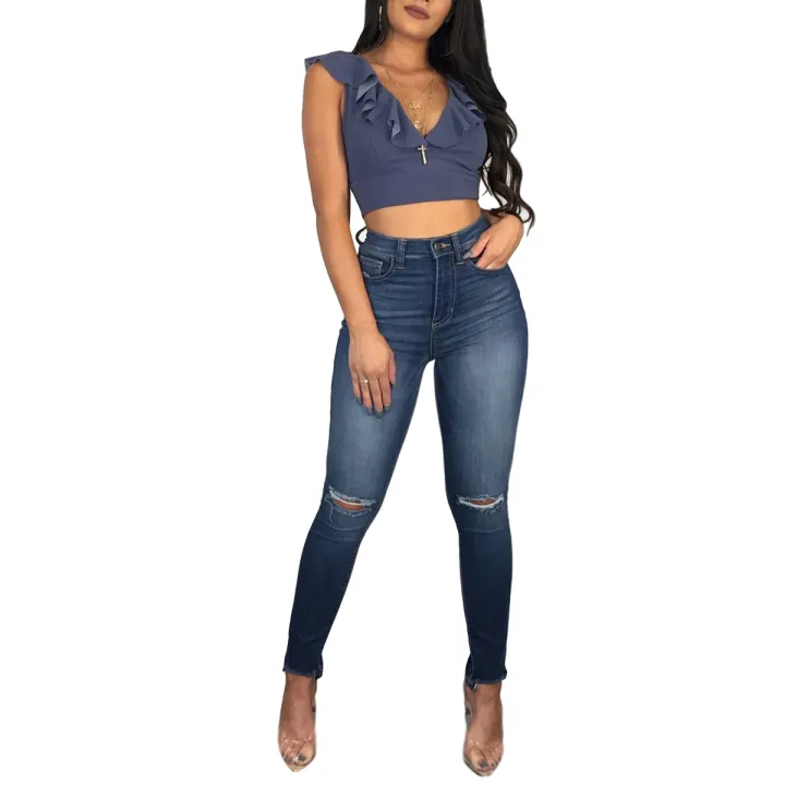 Women%20Ripped%20Jeans,%20Smooth%20Zipper%20High%20Waist%20Hip%20Lift%20Design%20%20Skinny%20Style%20Spring%20Clothing%20-%20Image%204
