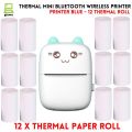 Pocket Inkless Mini Printer - 12 x Sticky Paper Roll & 12 x Thermal Paper Roll - Thermal Portable Bluetooth Wireless Mini Printer For Kids - For Photo, Picture, Office Receipt, Label Note, QR Code - Compatible With IOS & Android - Pink & Blue. 